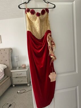 Gold Lace & Red Velvet Evening Gown with Floral Accents